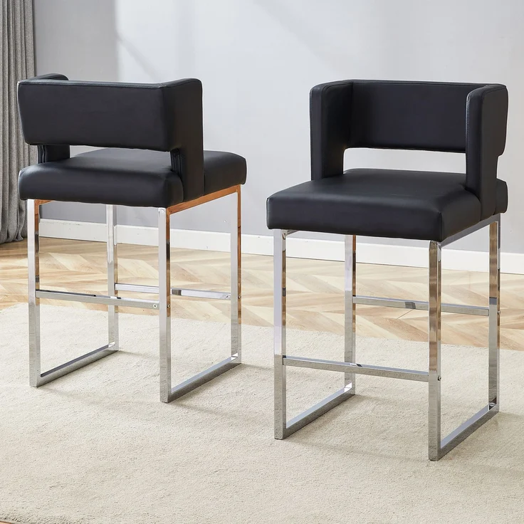 2 Sätze schwarzer Barstuhl im nordischen Stil, quadratisches Design, silberne Metallbeine, leichtes und bequemes Set. Erfüllen Sie Ihre vielfältigen Bedürfnisse an Produkten.--Schwarz+Silber--91.4x53.3x48cm--YOUDENOVA – Bild 7