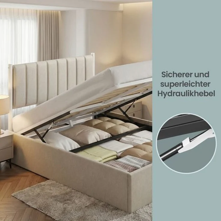 VASAGLE Bettgestell, 140 x 200 cm, hochklappbar Lattenrost, Stauraum unter dem Bett, mit Kopfteil, beige – Bild 4