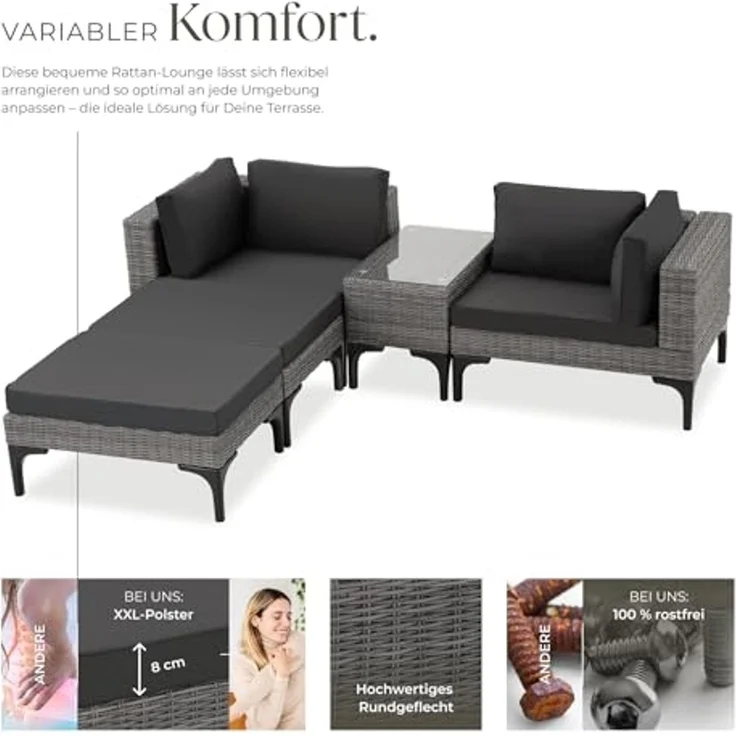 tectake Loungeset Rattan Lounge, (Set, 5-tlg), Stabiles Gestell aus leichtem und rostfreiem Aluminium – Bild 3