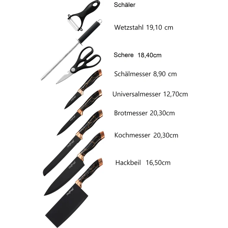 9 tlg. Messerset Kochmesser Messerständer drehbar Messerblock Marmor Gold – Bild 3