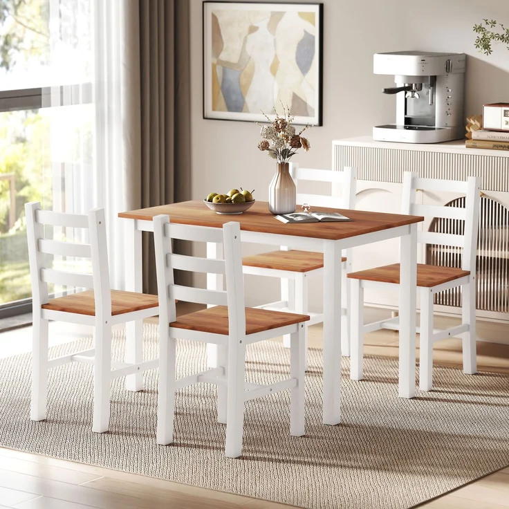 MELAYR, Essgruppenset, Esstisch, 4 Stühle, Esszimmerset, Kiefernholz, Braun+Weiß, 108 x 65 x 75 cm – Bild 3