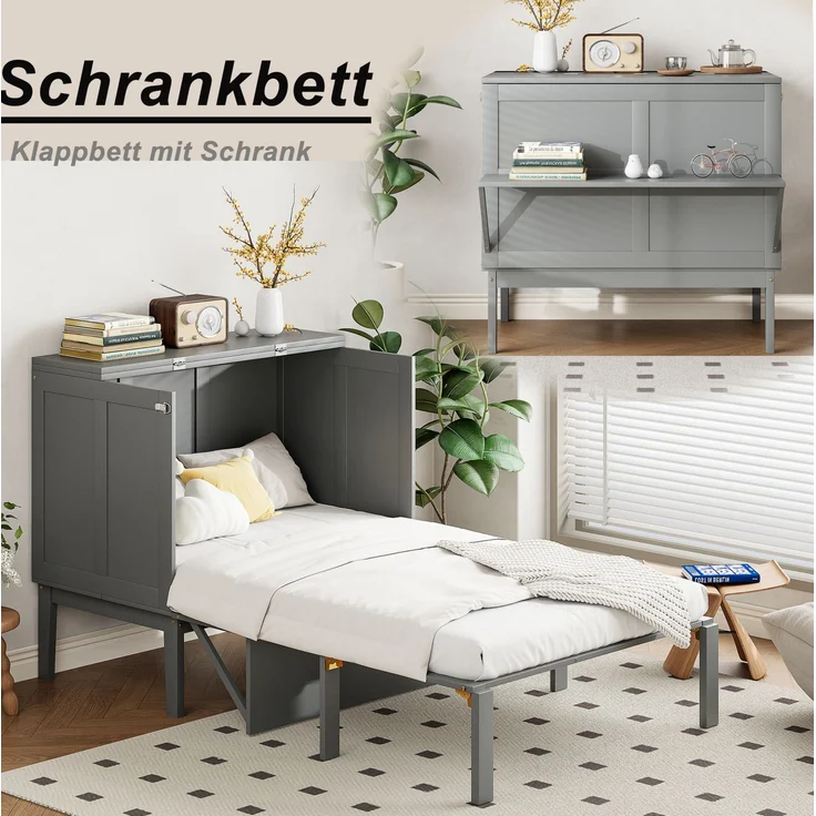 Schrankbett aus Holz, platzsparendes Wandklappbett mit Lattenrost, 90x200 cm, Grau, ohne Matratze – Bild 3