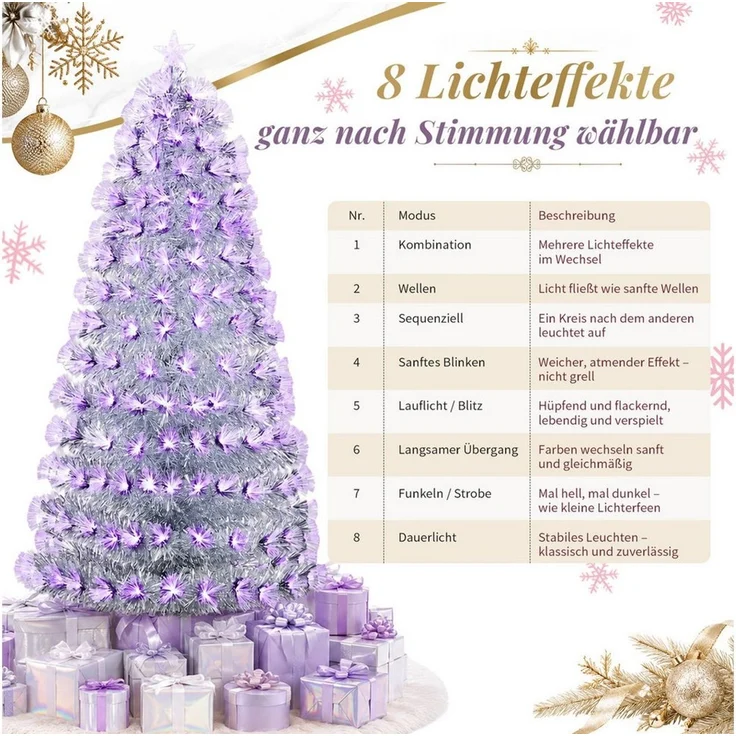 VINGLI Künstlicher Weihnachtsbaum mit Lichtern, Weihnachtsdeko mit Metallständer, für innen & Außen, Lichtfasern, 235 LEDs & 8 Modi, 230 Spitzen, PET, 180 cm, Silber-Lila – Bild 4