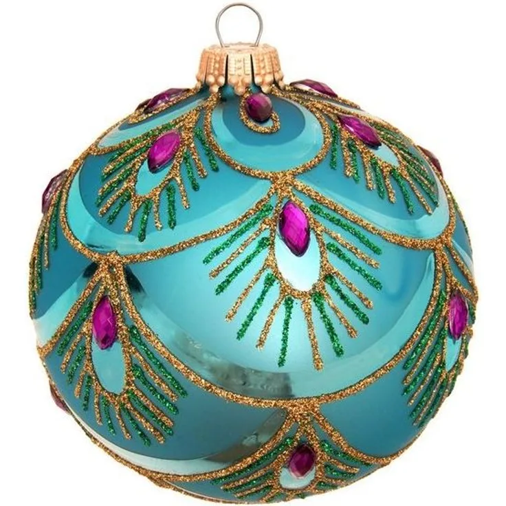 Krebs Glas Lauscha Weihnachtsbaumkugel 6er Set Glasanhänger - Türkise Kugeln mit Pfauenmusterung - ca. 8 cm, Majestätischer Christbaumschmuck mit goldener Glitzerverzierung
