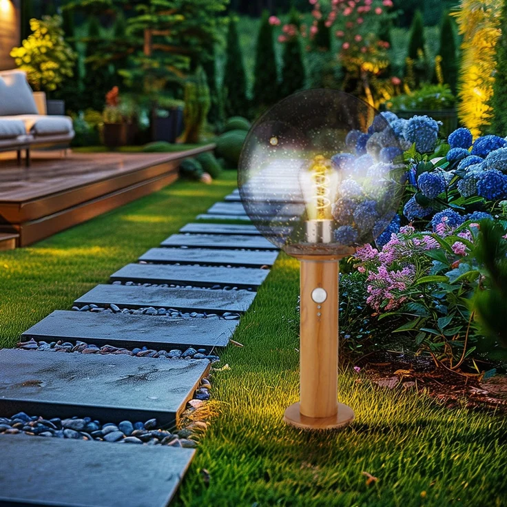 LED Sockellampe, Glaskugel, Holzoptik, Bewegungsmelder, H 38 cm – Bild 6