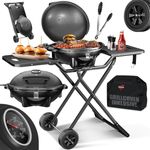 KESSER® elektrischer Elektrogrill 2in1 Tischgrill - Standgrill mit Deckel | max. 2400 Watt | Faltbar | Thermostat | Antihaftbeschichtung | Grillplatte Abstelltische | 2 Räder | inkl. Abdeckung & Zange
