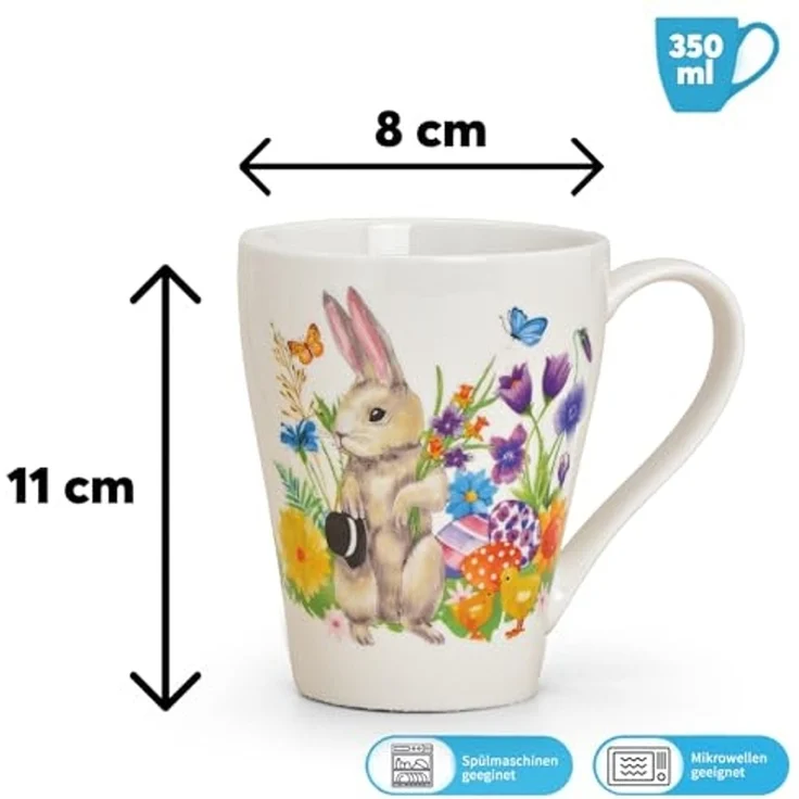 matches21 HOME & HOBBY Tasse Kaffeetassen 2er Set Ostern Frühling Osterhase Blumen, 2-tlg, Porzellan, Tee, Kaffee-Becher, klassisch, weiss bunt, 350 ml – Bild 2