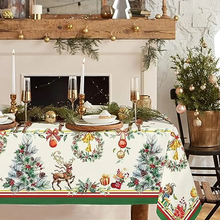 Rechteckige Weihnachtstischdecke, 152,4x213,4 cm, Weihnachtsbaum, Elch, Urlaubsdekoration, Tischdecke, Polyester, wasserdicht und knitterfrei, langlebig, Weihnachtstischdecke für Küche, Winter und – Bild 2