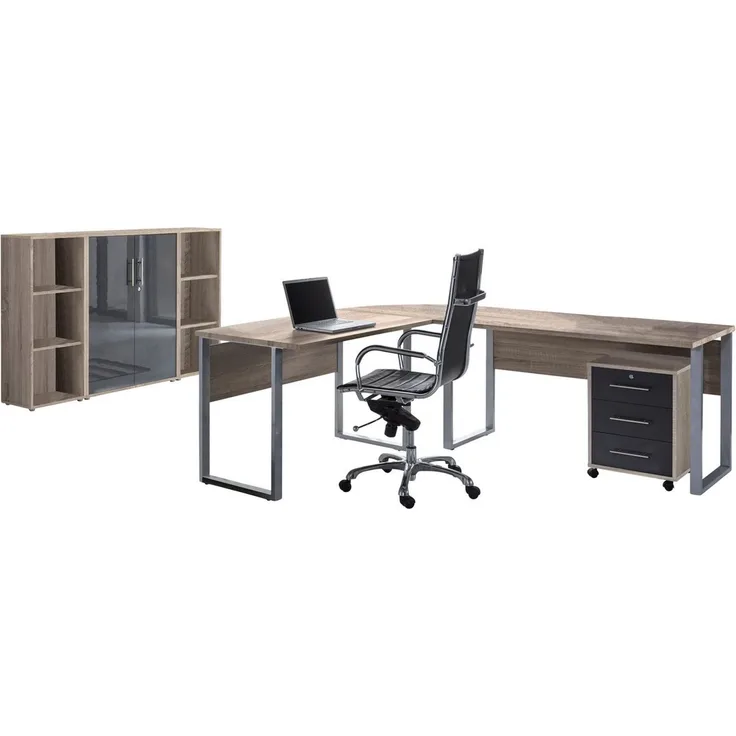 BMG Möbel Büromöbel-Set Office Edition Set 2, (Büro Set, 5 tlg, Fronten Matt oder Hochglanz lackiert), Aktenschrank und Rollcontainer abschließbar, Winkelschreibtisch