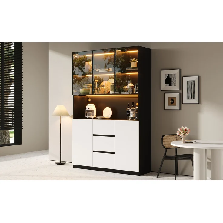 ZUBALIYA LED-beleuchtete Glasvitrine 120×40×200 cm – Vitrine aus gehärtetem Glas mit offenen Regalen, drei Schubladen und zwei Türen. Ein vielseitiger Schrank, der sich für Wohn- und Esszimmer eignet. – Bild 12