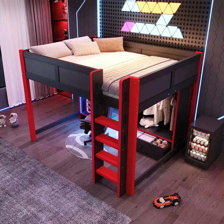 Hochbett mit Schreibtisch, LED-Streifen, Kleiderschrank, PC-Ständer, Leiter, Schubladen, Rausfallschutz, 140x200cm, Kinderbett – Bild 3
