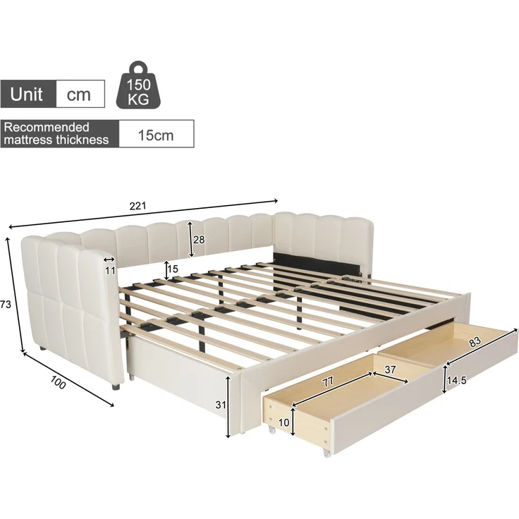 CHICFURN Bett aus Leinen Beige 90/180x200 cm mit 2 Schubladen und USB- und Type-C-Anschlüssen – Bild 10