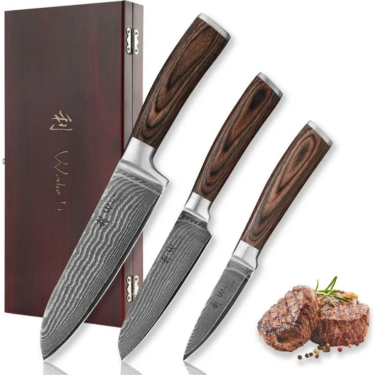 Wakoli Messer-Set Edib 3er Damastmesser-Set I Kochmesser Küchenmesser I 8 -17cm Klingen (Küchenmesser Set in Holzbox, 3-tlg, 1x Santoku, 1x Santoku klein, 1x Spickmesser), VG10 Kern, langanhaltende Schärfe – Bild 1