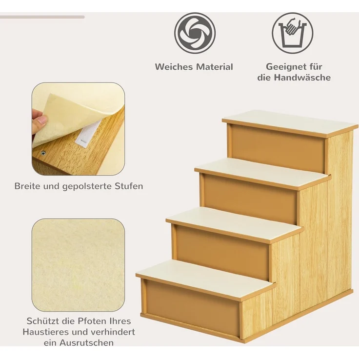 PawHut Haustiertreppe 4-stufig mit rutschfester Matte (Katzentreppe, 1-St, Hundetreppe), Rutschfeste Stufen mit abnehmbaren Teppichen – Bild 3
