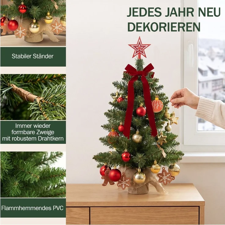 Lindenstein Echter Weihnachtsbaum Künstlicher Mini-Weihnachtsbaum mit LED-Beleuchtung und Deko, 60 cm, Nordmanntanne, Wiederverwendbar, vielseitig, pflegeleicht, umweltfreundlich – Bild 4