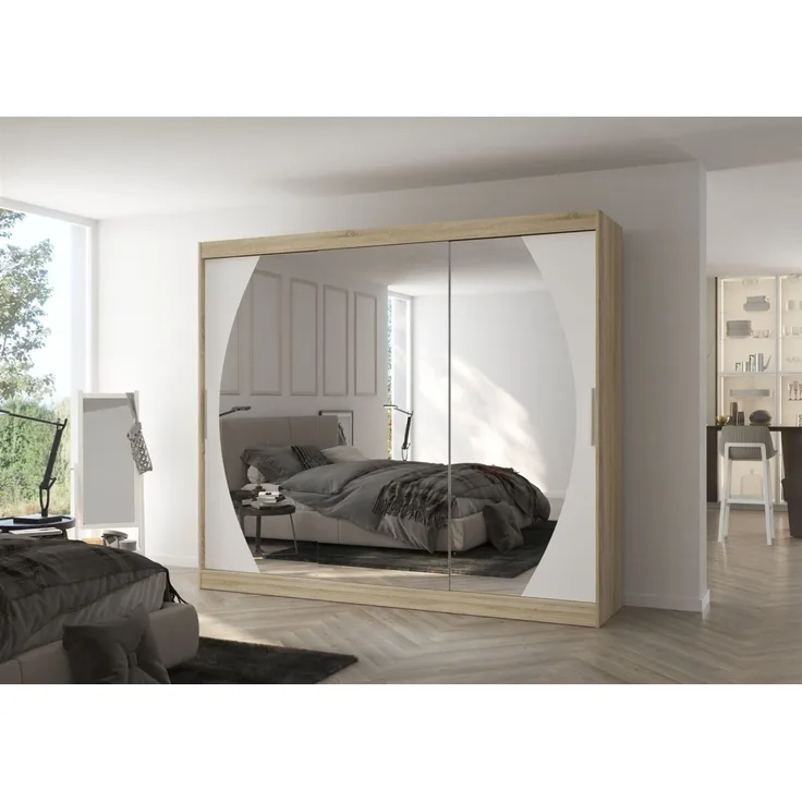 Schiebetürenschrank Schrank Nr. 520 in Sonoma Eiche- Weiß Spiegel 250 x 215 x 58 cm