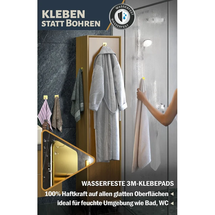 Lindenstein Handtuchhaken 4er-Set Gold – Edelstahl V2A, selbstklebend mit 3M-Pads – Bild 4