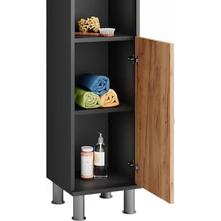Vichy Badmöbel-Set Fynn, 3-teiliges Badezimmermöbelset in Anthrazit/Goldkraft Eiche mit Hochschrank und viel Stauraum – Bild 6