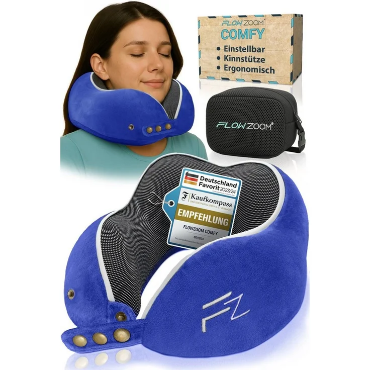 FLOWZOOM Nackenhörnchen COMFY Nackenkissen Flugzeug & Auto – Reisekissen Memory-Schaum, Nackenhörnchen für Erwachsene - Nackenkissen Reisen - verstellbar – Bild 1