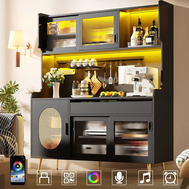 Seitenboard / Aufbewahrungsschrank / Küchenschrank / Buffetschrank, 145x39x171cm, Landhausstil, 5 Türen, mit LED-Lichtleiste & Ordnungslockplatte, Fluted Glas Türen, Braun/Schwarz