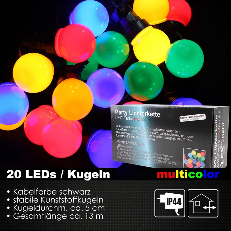 20er LED Partylichterkette Kugellichterkette Innen Außen Gartenparty bunt