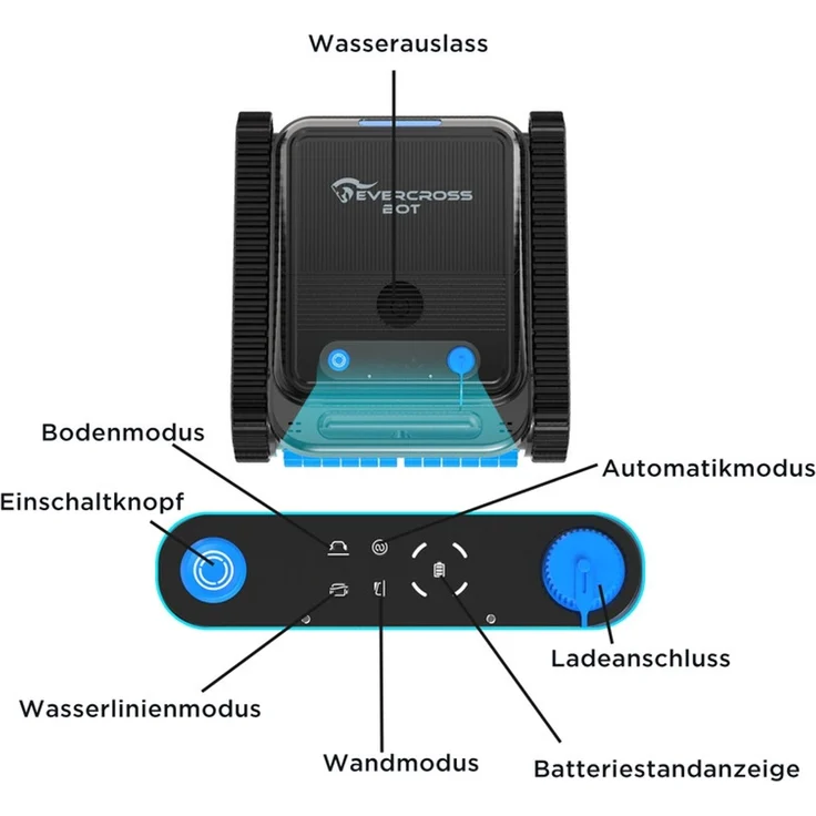 EVERCROSS BOT U8 Poolroboter Wand und Boden, Intelligenter Navigation, 120 Min Akkulaufzeit, Kabellos Poolsauger bis 200m² Pools (Schwarz) – Bild 8