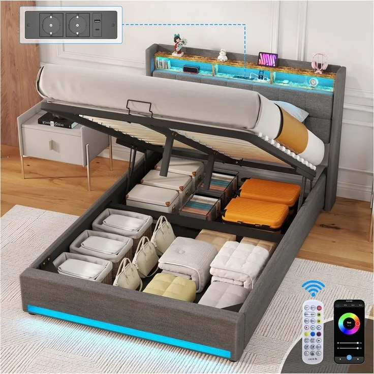 oyajia Polsterbett Doppelbett mit Stauraum gepolstertem Kopfteil (mit LED-Beleuchtung 90/140/160x200cm und hydraulischem Stauraum), Modernes Jugendbett, Leises Design Bett, Max. Belastbarkeit 365 kg