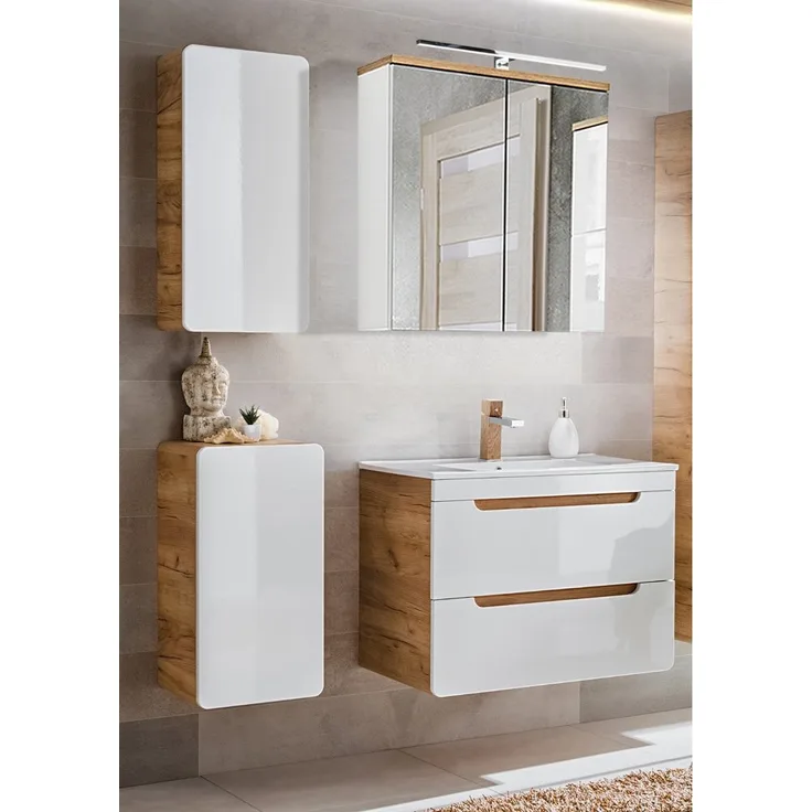 Badmöbel Set in weiß Hochglanz mit Wotan Eiche Nb. LUTON-56 Keramik-Waschtisch und LED-Spiegelschrank B/H/T ca. 131/195/46 cm