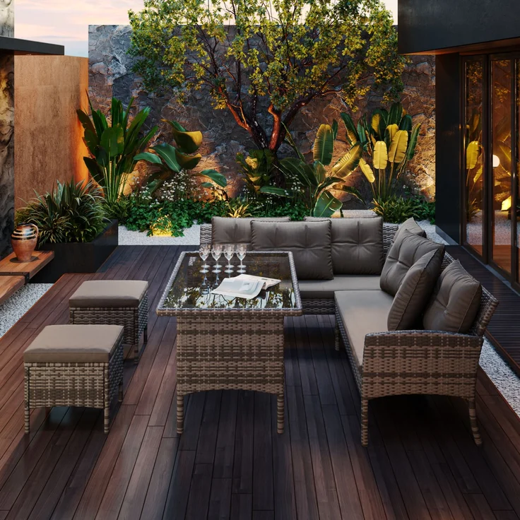 Merax Rattan Gartenmöbel Set 7 Personen, Terassenmöbel Balkonmöbel Set 4-tlg mit Kissen, Gartenlounge Set Loungemöbel Gartengarnitur Sitzgruppe, Grau – Bild 2
