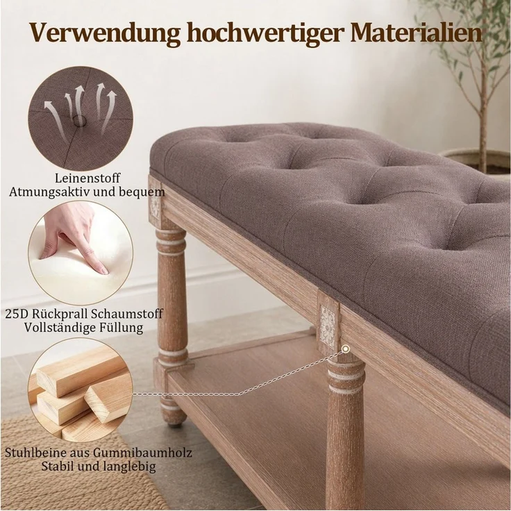 HomeMiYN Sitzbank Ottoman Sitzbank 2-Sitzer Polsterbank Leinenoptik bequem 240 kg (Packung), aus Massivholz Eiche – Bild 4