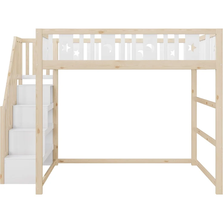 Merax Hochbett, Etagenbett für Kinder 140x200 mit Treppe, Kinderbett Aus Massivholz mit Sicherheitsgeländer, Weiß+Natur – Bild 5