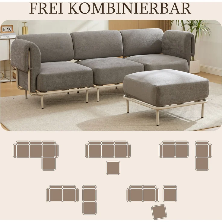 Sofa mit Hocker, 251 x 155 x 78 cm, Sitzfläche 215x63 cm, graues Chenille, modular stellbar – Bild 7