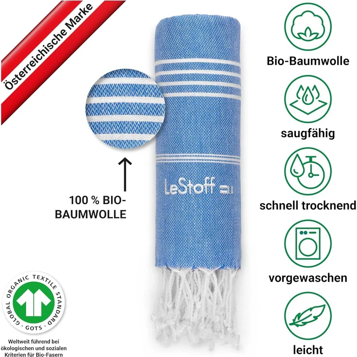 LeStoff Premium Hamamtuch - Vielseitig, Nachhaltig, Saugstark & Schnelltrocknend - 100% Bio-Baumwolle - Strand, Bade, Dusch, Yoga, Spa & Reise-Tuch (95x180 cm, Sky Blue) – Bild 3