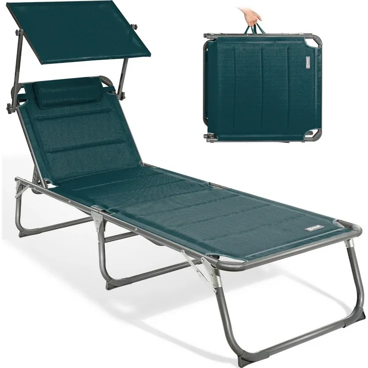 HOMECALL Gartenliege Sonnenliege AluLiege Liegestuhl Strandliege Liegen, klappbar, Textilene Mit Dickem Schwamm, Verstellbare Rückenlehne, Sonnenblende, Kopfpolster, bis 180KG