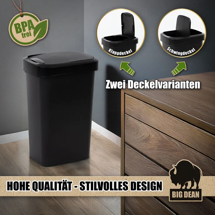 BigDean Mülleimer 50 Liter Schwing & Klappdeckel schwarz Küche – Bild 5
