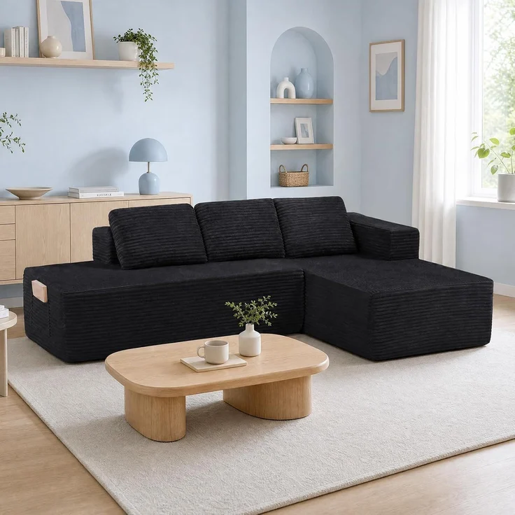 COMHOMA Ecksofa mit Schlaffunktion, 228cm Corduroy Modulares Boneless Couch mit Chaiselongue & Rücken-Metallgestell, L-Form Schlafsofa mit offenem Design, Kissen & Seitentaschen,für Wohnzimmer,Schwarz-L – Bild 5