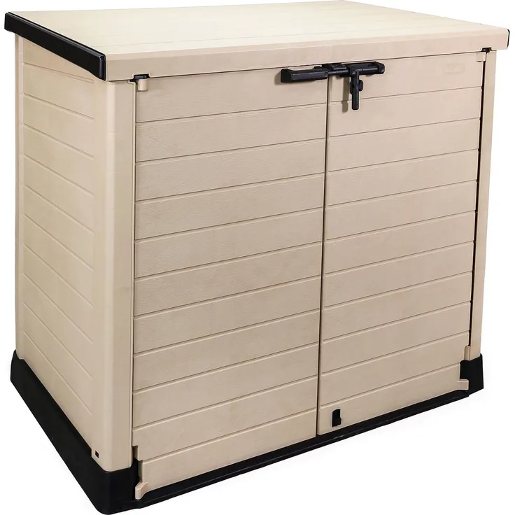 Duramax Cedargrain StoreAway 1200L Kunststoff-Gartenhaus/Flacher Deckel, Aufbewahrung im Freien, Mülltonnenbox, robuste Konstruktion, ideal für Werkzeug, Fahrräder, Grills & 2 x 240L Mülleimer, 145