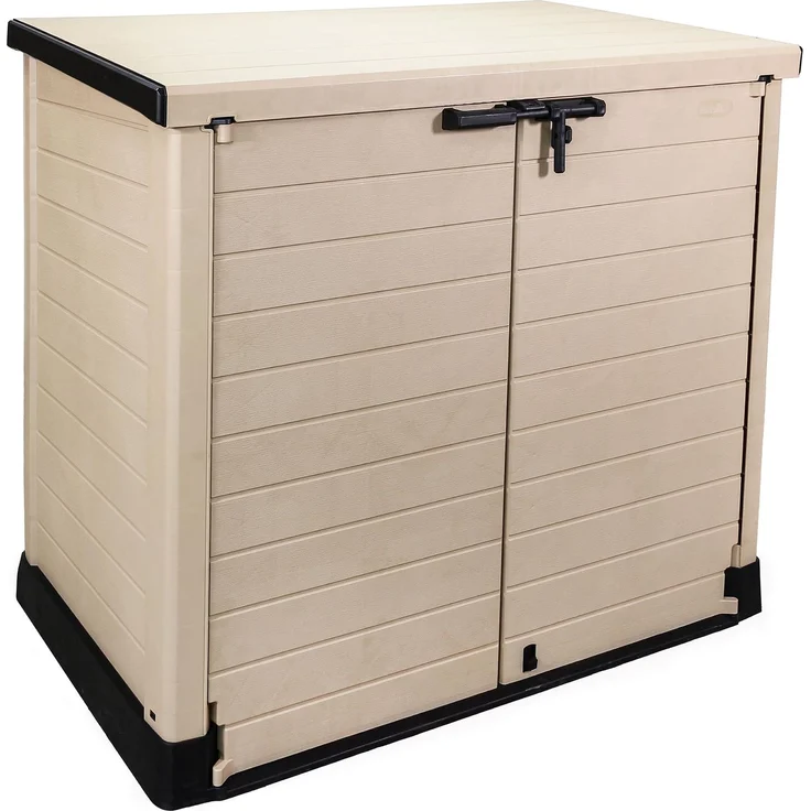 Duramax Cedargrain StoreAway 1200L Kunststoff-Gartenhaus/Flacher Deckel, Aufbewahrung im Freien, Mülltonnenbox, robuste Konstruktion, ideal für Werkzeug, Fahrräder, Grills & 2 x 240L Mülleimer, 145