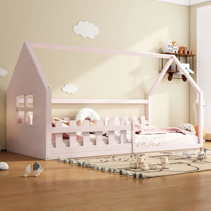 Kinderbett 90x200 cm in Hausform, rosa Jugendbett aus Kiefer & MDF, stabiles Hausbett für Mädchenzimmer – Bild 3