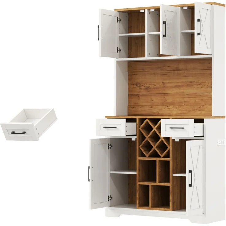 Küchenschrank, hoher Stauraumschrank mit LED-Beleuchtung, Vorratsschrank mit Weinregalen, Weinschrank & Vitrinenschrank für Wohnzimmer und Esszimmer, 180 × 105 × 40 cm--Natur + Weiß2--105x40x180cm--YOUDENOVA – Bild 10