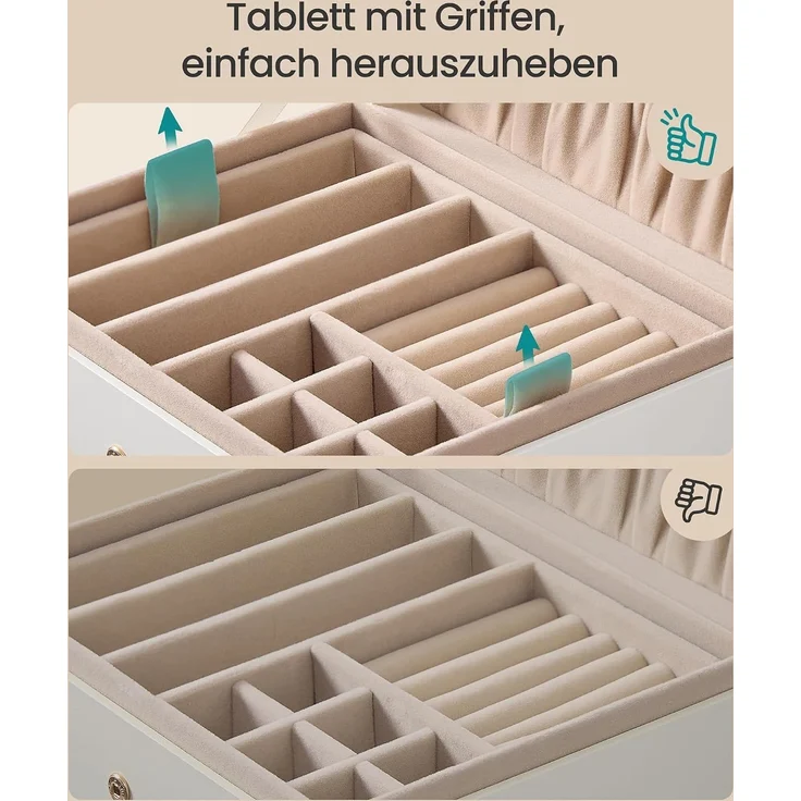 SONGMICS Schmuckkästchen, Schmuckkasten 2 Ebenen, Schmuckaufbewahrung, mit herausnehmbarem Schmucktablett, Griff, für Halsketten Ohrringe, 17 x 20,5 x 9,5 cm, Geschenkidee, cremeweiß – Bild 6