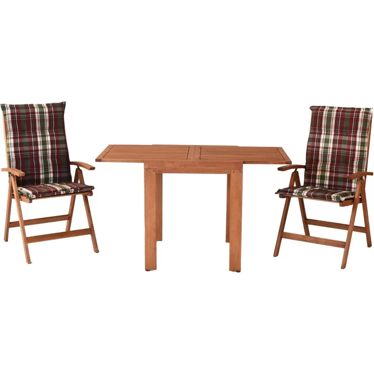 Borkum Gartenmöbel Set 5tlg, 2 Klappsessel, 2 Auflagen, Ausziehtisch 65 (130) x 70 cm, Eukalyptus