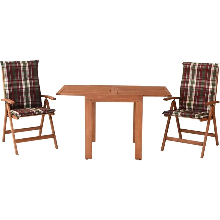 Borkum Gartenmöbel Set 5tlg, 2 Klappsessel, 2 Auflagen, Ausziehtisch 65 (130) x 70 cm, Eukalyptus – Bild 1