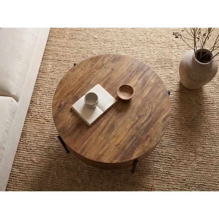 FINEBUY Couchtisch FB117907 Sofatisch Massivholz Rund 70cm Wohnzimmertisch Beistelltisch (Stabiler Sofatisch mit dunklen Metallbeinen), Pflegeleichte Oberfläche aus echtem Mangoholz – Bild 5