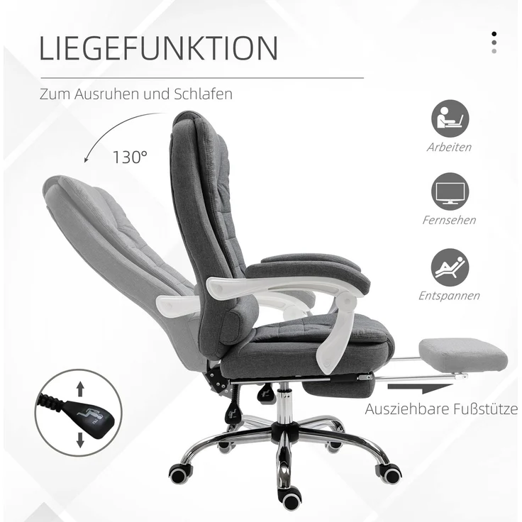 Vinsetto Bürostuhl, Eisen, Leinen, Schaumstoff, Nylon, Grau, 65L x 70B x 110-118H cm – Bild 5
