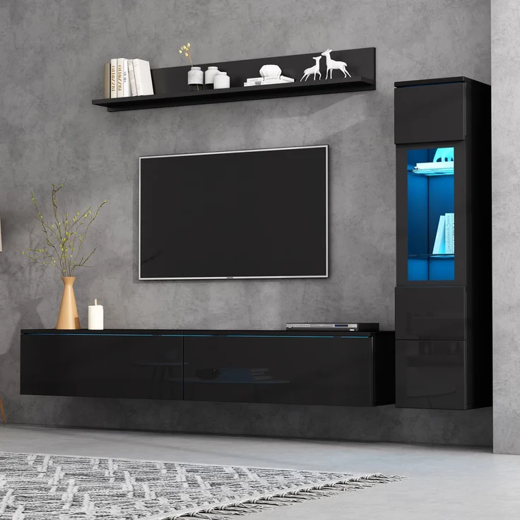 Flieks Wohnwand 3-teilig mit RGB-LED, TV-Lowboard, Vitrine und Wandregal für TVs bis 80 Zoll, Hochglanz Schwarz – Bild 3