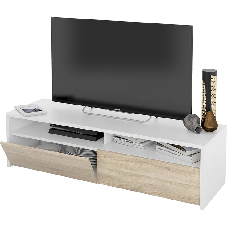 Wohnzimmer-TV-Ständer mit zwei Türen mit Vasistas-Öffnung und zwei kleinen Fächern, weiße Farbe mit eichenfarbenen Türen, Maße 130 x 36 x 40 cm – Bild 5