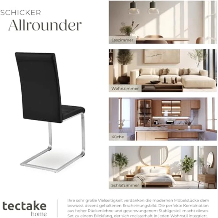 TecTake 800451 2er Set Esszimmerstuhl, Kunstleder Stuhl mit hoher Rückenlehne, Schwingstuhl mit ergonomisch geformter Rückenlehne (2er Set schwarz | Nr. 402549) – Bild 10
