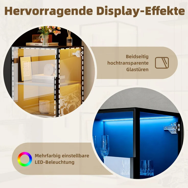 Vitrinenschrank 70 x 38 x 160 cm in Schwarz mit Glasfront, Ausziehregalen und LED-Beleuchtung – Bild 6
