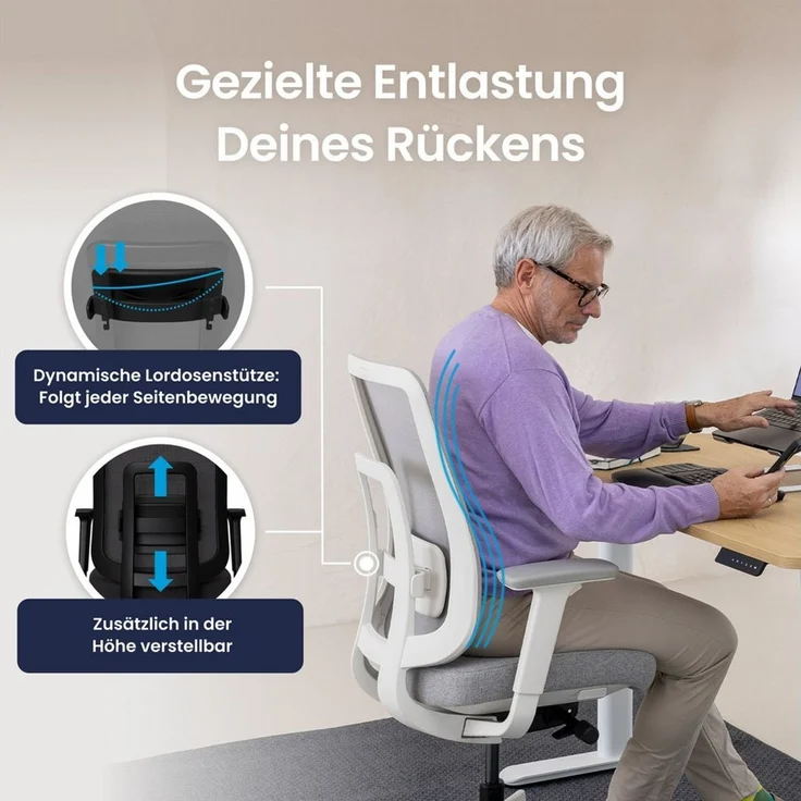 Ergotopia 'PureBack' ergonomischer Bürostuhl mit Lordosenstütze & 4D-Armlehne, Grau, mit Kopfstütze – Bild 3